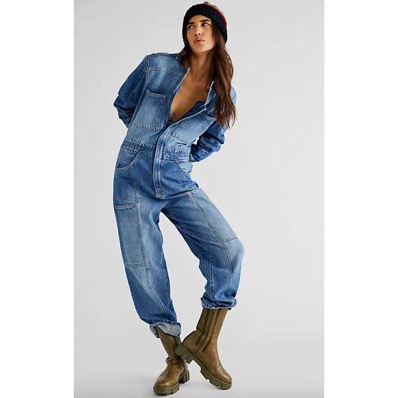 Free People Night Moves Denim Utility Jumpsuit One Piece size medium